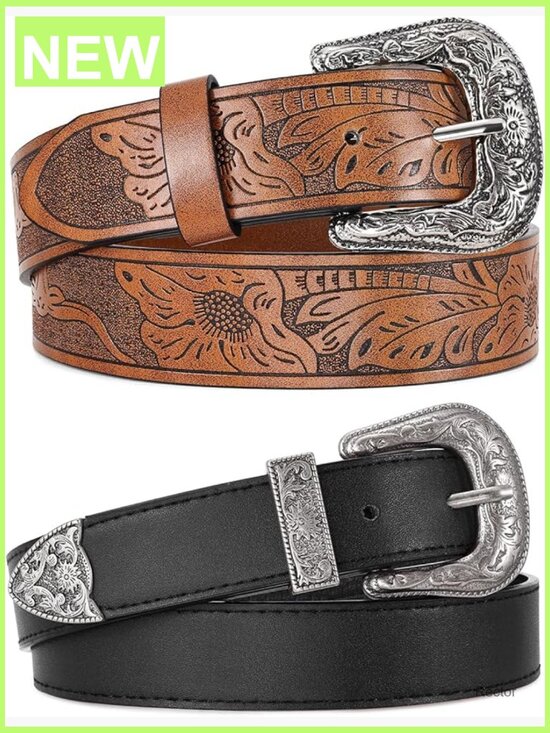 2 Pack PU Leather Belts with Large Silver Vintage Buckle for Women main image 5